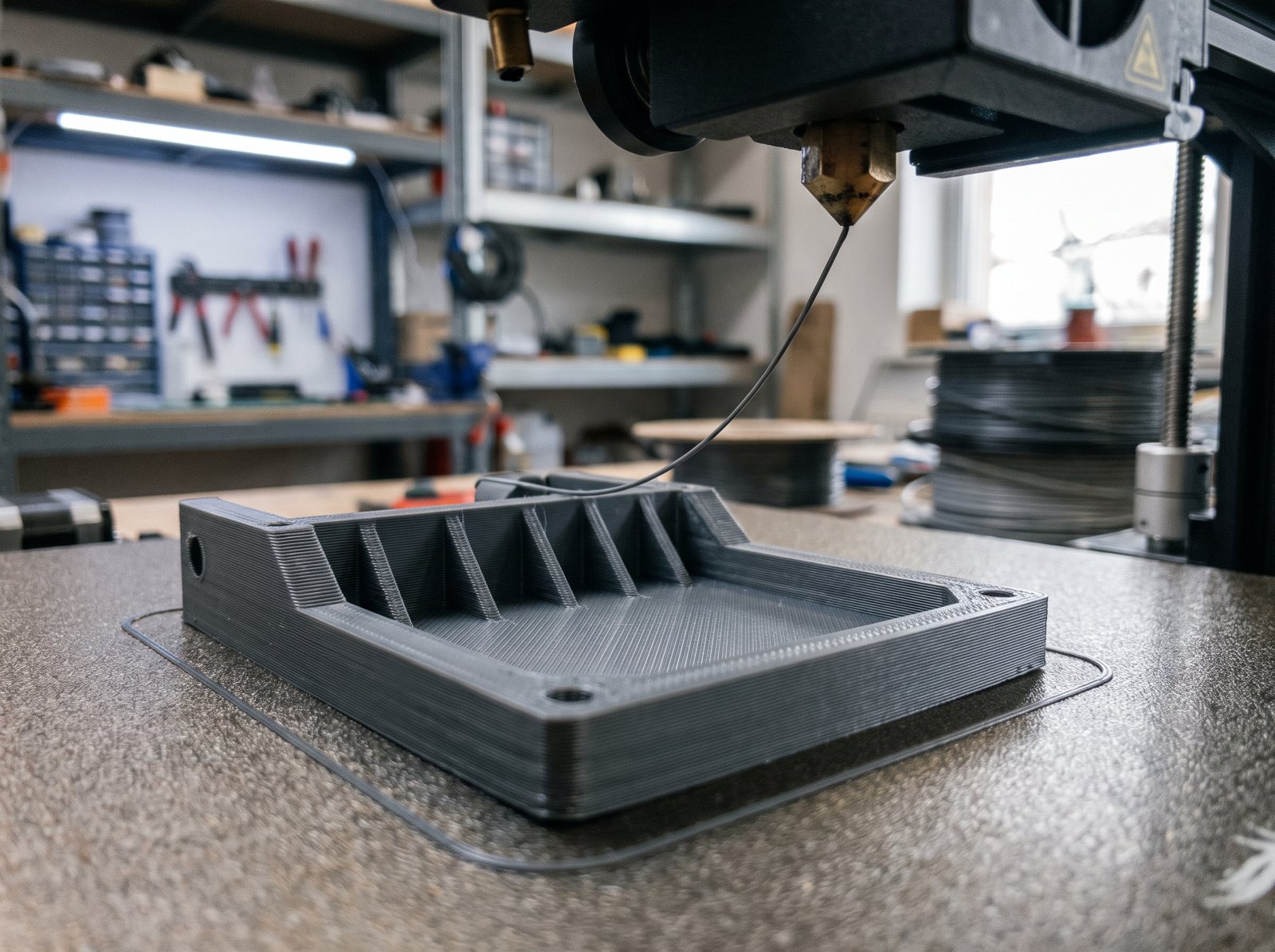 Druckkopf eines 3D-Druckers beim Aufbau eines Bauteils, Schichtlinien und Stützstruktur sind sichtbar