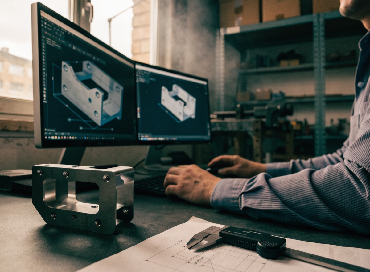 Arbeitsplatz mit CAD-Modell eines gefrästen Aluminiumteils auf dem Bildschirm, daneben Messschieber und Musterteil