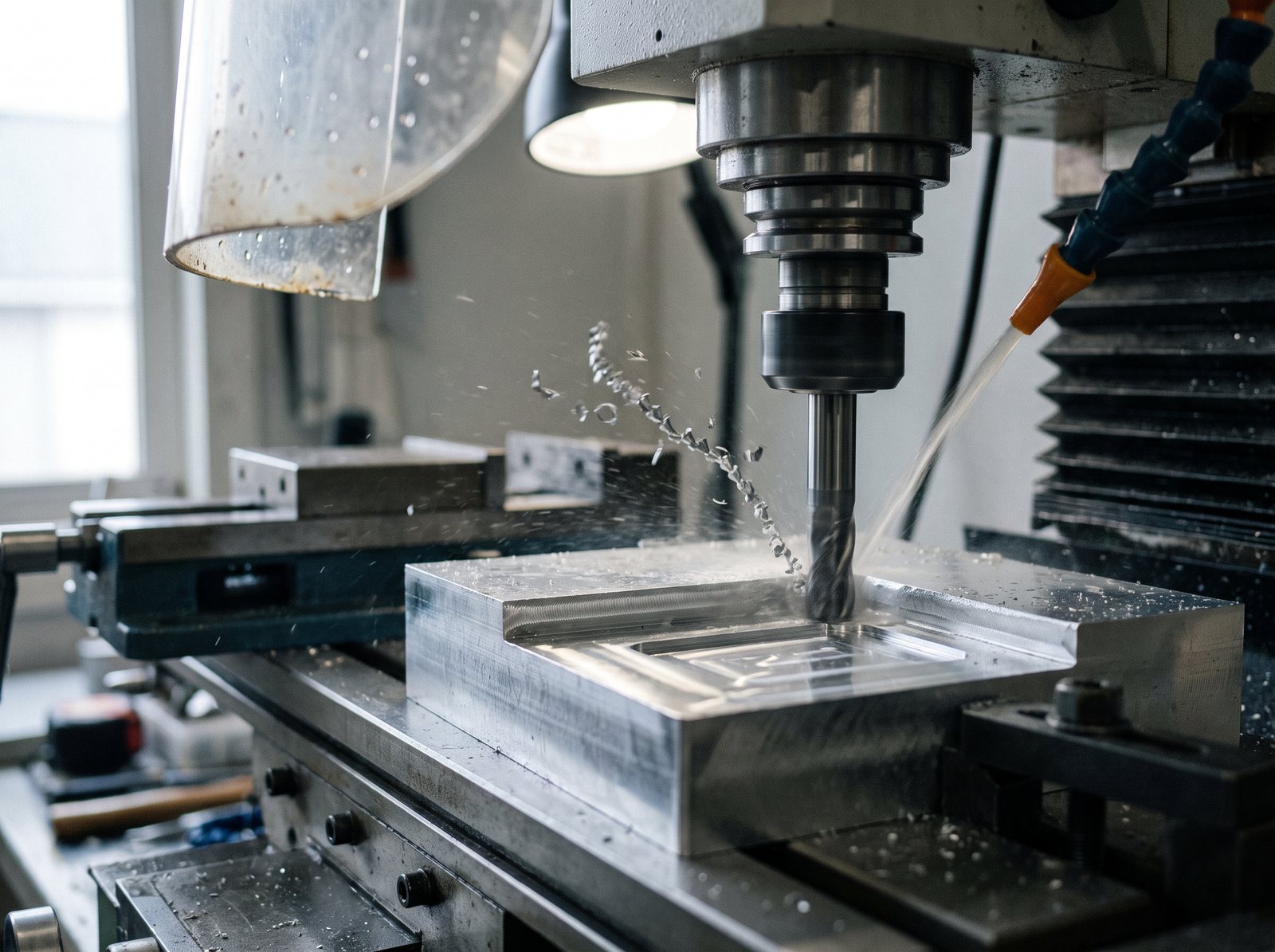Fräser im Eingriff in einem Aluminiumblock, Späne fliegen